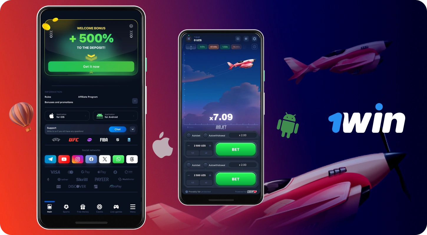 O‘zbekistonlik o‘yinchilar Android va iOS uchun mobil ilova orqali 1win Air Jet o‘ynashlari mumkin