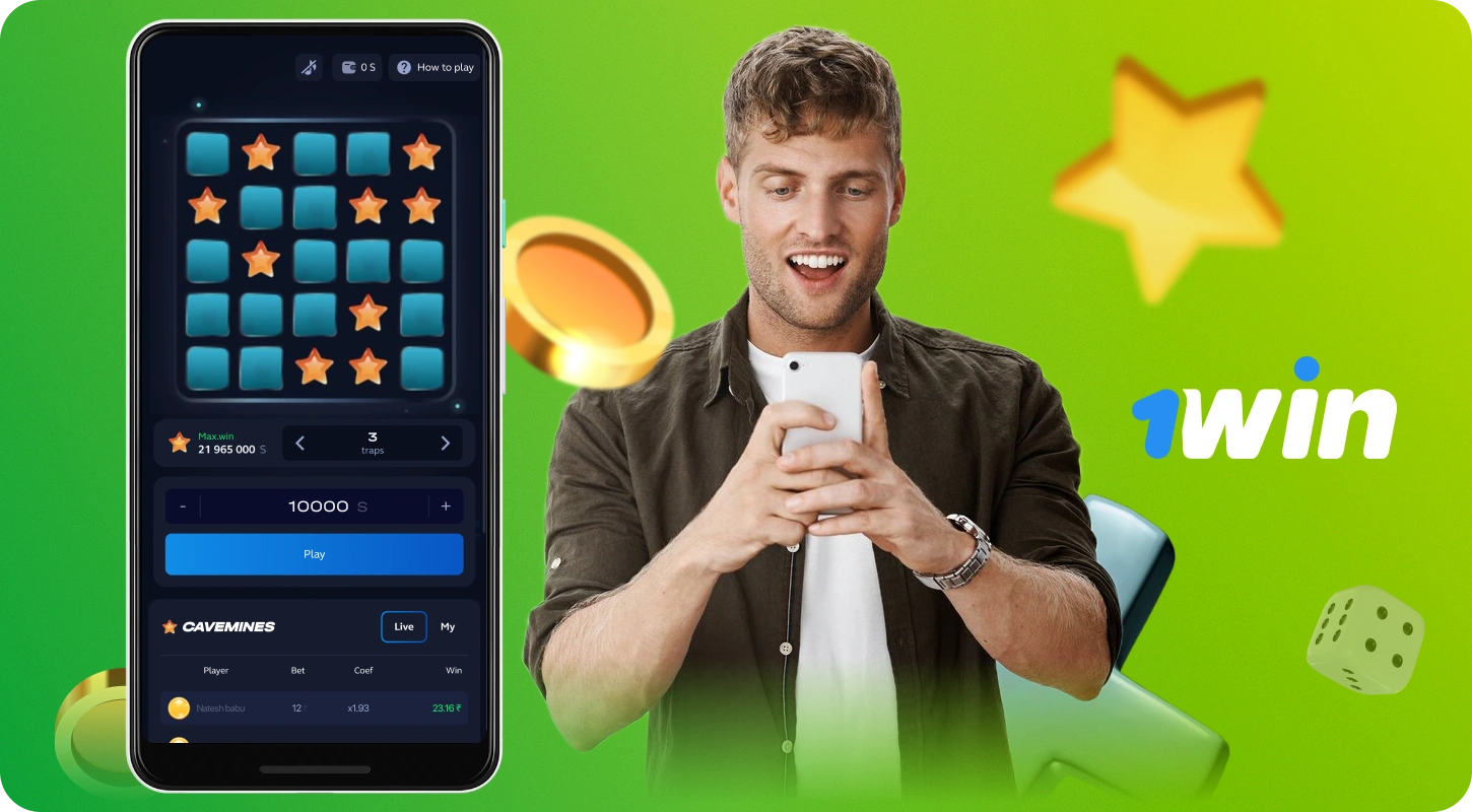1win Mines o'yinida muvaffaqiyat qozonish uchun siz yulduzlar bilan hujayralarni ochishingiz va tuzoqlardan qochishingiz kerak