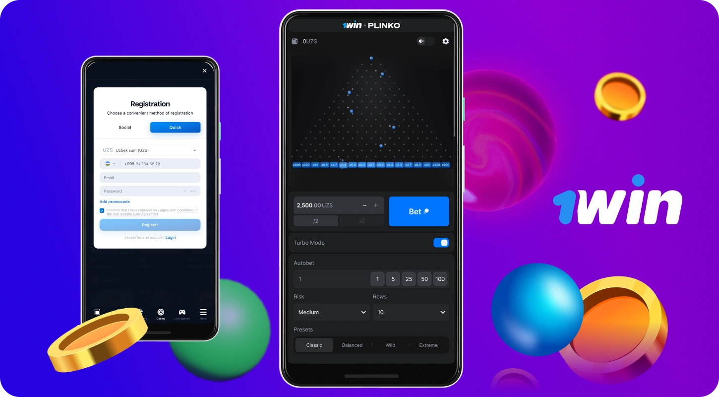 O‘zbekistonda 1win Plinko o‘ynashni boshlash uchun o‘yinchilar ro‘yxatdan o‘tishlari, balanslarini to‘ldirishlari, pul tikishlari va to‘pni maydonga tashlashlari kerak