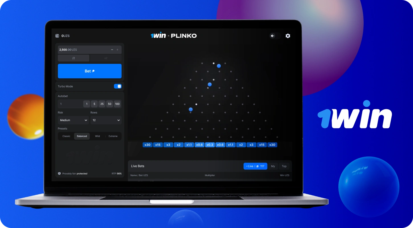 1win Plinko-ning demo versiyasida siz haqiqiy pulni yo'qotish xavfisiz strategiyalar va xavf darajalarini bepul sinab ko'rishingiz mumkin