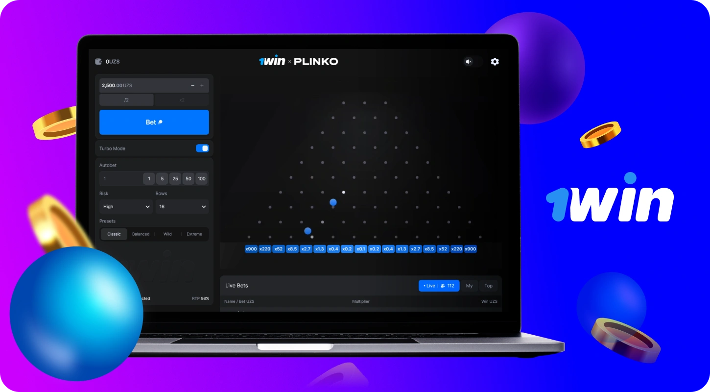 1win Games-dan mashhur Plinko 1win o'yini xavflarni sozlash, yuqori to'lov foizlari va moslashuvchan tikish cheklovlariga ega